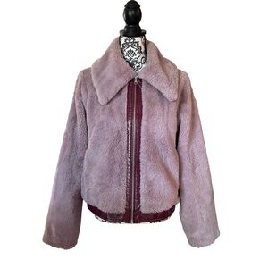 Anthropologie Maeve Faux Fur Plush Jacket with Faux Patent Leather Trim Small